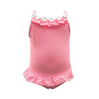 GIRLS SEERSUCKER RUFFLED SWIMSUIT WITH 3D FLOWER DECORATION